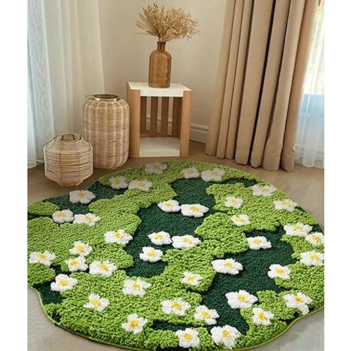 Cute Green Floral Large Bathroom Rugs Bath Mat 3ft Non Slip Washable, Modern Chic Boho Aesthetic Trendy Funky Microfiber Shaggy Tufted Moss Rugs for Bedroom Dorm Nursery Bathroom Kitchen