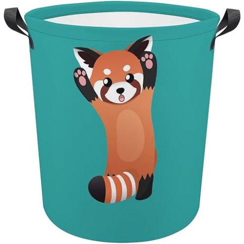 Cute Red Panda on Turquoise Collapsible Waterproof Laundry Hamper, Lightweight Washing Basket Bin Storage Organizer Bucket with Handles for Toys Clothes
