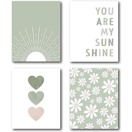 XWELLDAN Boho Sage Green Sun You Are My Sunshine Daisy Flower Heart Poster Wall Art Prints,Boho Gifts for Girls,Bohemian Wall Art Decor for Baby Girls Room Nursery,8 x 10 Inch Set of 4 Prints,Unframed