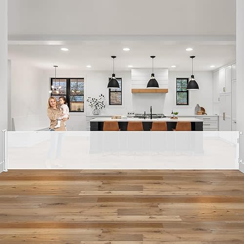 185 Inch Wide Retractable Baby Gates Outdoor Retractable Dog Gate Indoor Extra Long Baby Gate Retractable Pet Gate, Dog Gates for The House Extra Large Pet Gate, Child Gates for Wide Openings, White