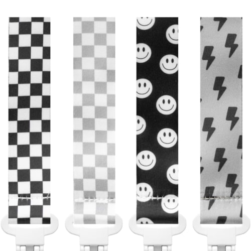 Baby Pacifier Clip Holder - Boy and Girl Unisex 4 Pack Gift Set – Neutral Retro Checker Smiley Bolts Black Gray
