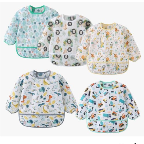 5 Pack Long Sleeve Bib,Baby Toddler Waterproof Sleeved Bib for 6-30 Months Reusable with Catch-all Pocket