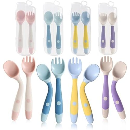 Toddler Spoons, Bendable Training Baby Utensils Spoons and Forks Set for Self Feeding, Easy Grip & Dishwasher Safe Infant Utensils for Babies 6-12 Months (4 Pack)