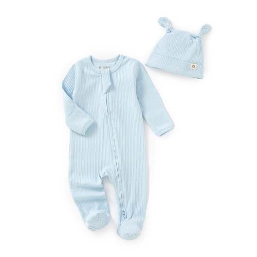 JBØRN Organic Cotton Ribbed Baby Sleep Suit and Hat - Ribbed Baby Blue 0-3 months