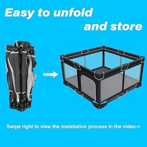 Foldable Baby Playpen with Mat, Foldable Playpen for Babies and Toddlers, Folding Portable Kids Play Pen, Collapsible Play Yard with 2 Handles + Suitable Size Mat(Black, 50x50 inches)