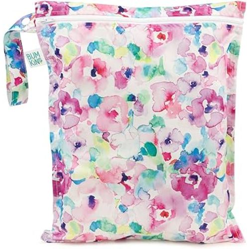 Bumkins Waterproof Wet Bag for Baby, Travel, Swim Suit, Cloth Diapers, Pump Parts, Pool, Gym, Toiletry, Strap to Stroller, Daycare, Zipper Reusable Bag, Wetdry Packing Pouch, Watercolors Floral