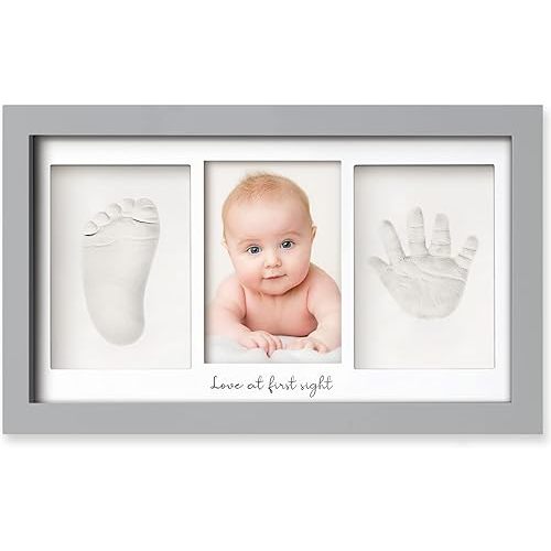 Baby Hand and Footprint Kit - Clay Handprint Keepsake Frame, Newborn Nursery Picture Frame, Personalized New Mom Gifts for Baby Shower & Registry (Cloud Gray)
