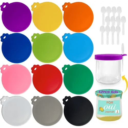 Oui Yogurt Jar Lids Silicone -12 pack Oui Lids for Yoplait Yogurt Container for la fermiere yogurt jar lids silicone,Sealed against leaks Silicone lids for oui yogurt jars in 12 colors