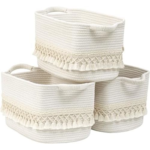 3 Pack Storage Basket for Shelves, Boho Cotton Rope Storage Bins with Heavy Tassel, Shelf Baskets Large Woven Baskets for Organizing, Cube Organizer Bins, Baby Laundry Basket for Clothes, Toys, Pets
