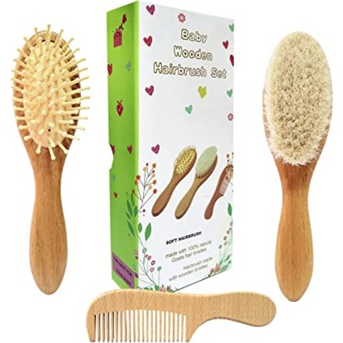 3 Piece Baby Hair Brush and Comb Set for Newborn & Toddlers- Natural Wooden Hairbrush with Soft Goat Bristles for Cradle Cap - Perfect Scalp Grooming Product for Infant, Toddler, Kids, Baby