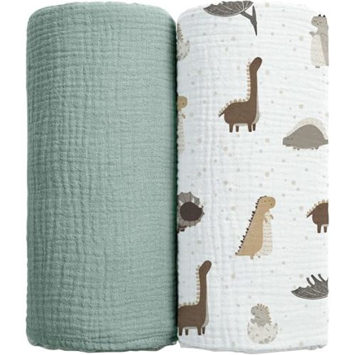 lulumoon Baby Muslin Swaddle Blankets: Soft Receiving Blanket for Newborn - Cotton Swaddling Blanket for Neutral 2Pack, Printed, Jungle Dinosaur