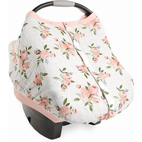 Little Unicorn 100% Cotton Muslin Car Seat Canopy | Super Soft Lightweight Cover with Window | Breathable | Magnetic Closure | Baby and Infant | Machine Washable | Shower Gift (Watercolor Roses)