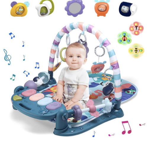 Baby Playmat Tummy Time Toys-Funny Play Piano Baby Gym Activity Mat with 5 Infant Sensory Toys & 3 Suction Cup Spinner Toys, Baby Essentials for Newborns 0-3-6-9-12 Months(Blue)