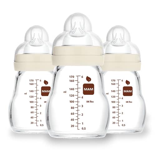 MAM Premium Glass Baby Bottles, Easy Switch Between Breast and Bottle, Feel Good Slow Flow, Newborn Essentials Must Have, 0+ Months, BPA Free, 6oz, Unisex, 3 Pack