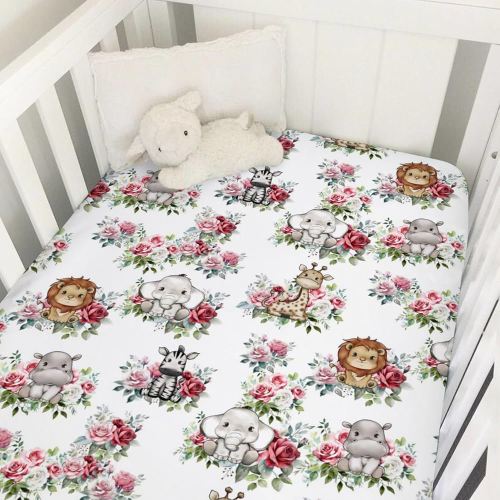 Baby Jungle Safari Animals Floral Crib Fitted Sheet 52''x28'' Lion Hippo Elephant Giraffe Zebra Rose Snug Fitted Crib Mattress Cover for Boy Girl Nursery Bed Sheets for Standard Toddler Mattress