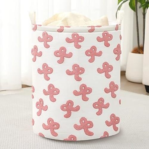 Maxdot Large Pink Chenille Bow Laundry Basket 20"x 15"x 15" Girls Laundry Hamper 60L Canvas Storage Tall Dirty Clothes Hamper for Baby Kids Nursery Room Bedroom Living Room Decor Dorm Clothes Toys