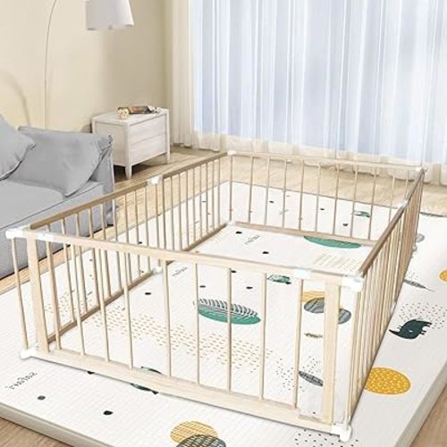 Large Natural Wooden Baby Playpen with Gate & Anti-Slip Bases - Portable Fence & Play Area for Babies and Toddlers, 6 Panels, Adjustable Shape, 43''x43''x26''