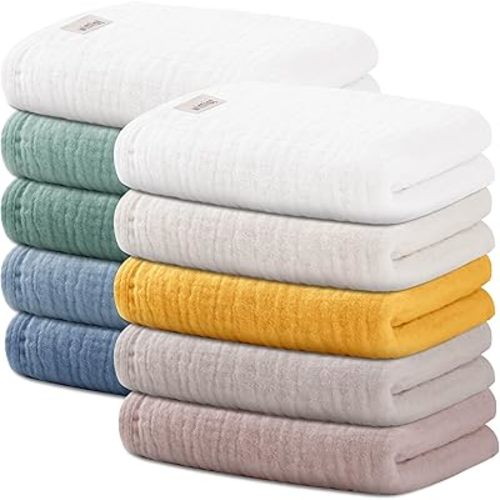 Wimist 10 Pack Baby Washcloths, Baby Muslin Washcloths, Baby Wash Cloths Face Cloths, Suitable for Newborns, Children, 10 x 10 inches (A)