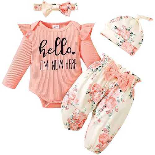 Newborn Infant Baby Girl Clothes Outfits Rib Romper Floral Pants with Headband Winter Clothing Set - 0-3 Months - Pink