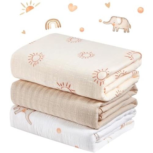 Muslin Swaddle Blankets (3-Pack) — 100% Cotton, Large 47 x 47 in, Soft Breathable Baby Receiving Blanket & Burp Cloths for Newborns & Toddlers (Sunny Elephant Theme)