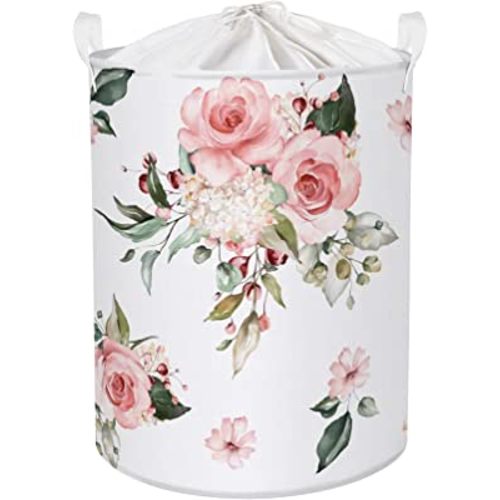 Clastyle 45L Valentine's Day Pink Flowers Collapsible Laundry Basket Spring Summer Blooming Dirty Clothes Hamper Waterproof Round Girl Toys Storage Basket