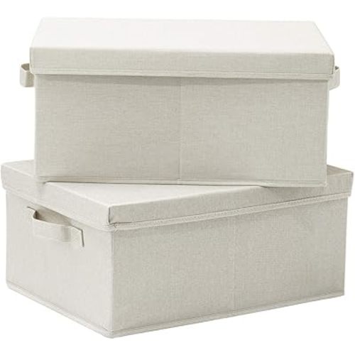 HOONEX Foldable Storage Bins with Lids, 2 Pack, Storage Boxes with Carrying Handles and Sturdy Heavy Cardboard, 16.5" L x 11.8" W x 7.5" H for Shoes, Books, Clothes, Linens, Beige
