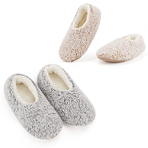 Cozylook 2-Pair Women's Soft Sole Slipper Socks with Grippers, Thick Warm Cozy Sherpa Lined Home Socks Set, Cable Knitted Non-slip Fluffy Winter House Bedroom Slippers