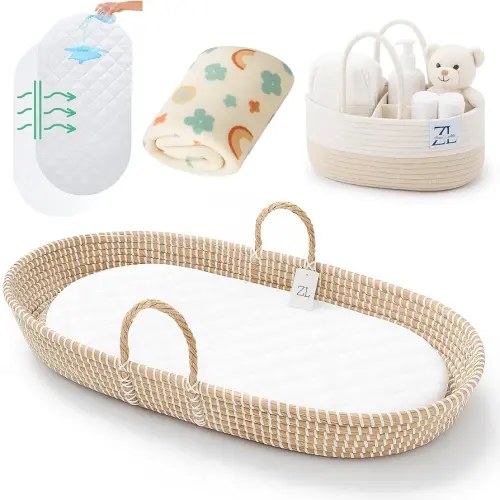 ZEAL'N LIFE Seagrass Baby Changing Basket, Baby Towel, Diaper Caddy & Waterproof Changing Pad | Portable Diaper Changing Topper for Dresser or Table | A Nursery Essential