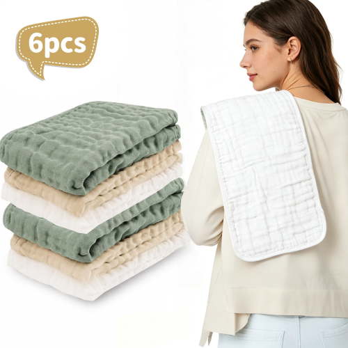 Qissep Muslin Burp Cloths 100% Cotton Baby Burp Cloths Soft for Girls and Boys Baby Essentials, Absorbent and Soft, 20 x 10 inches (White & Beige & Green, 6 Pack)