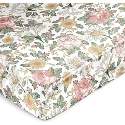 Sweet Jojo Designs Vintage Floral Boho Girl Baby Satin Fitted Crib Sheet Infant Newborn Nursery Toddler Bed Room Standard Mattress Blush Pink Yellow Bohemian Shabby Chic Farmhouse Sage Green White