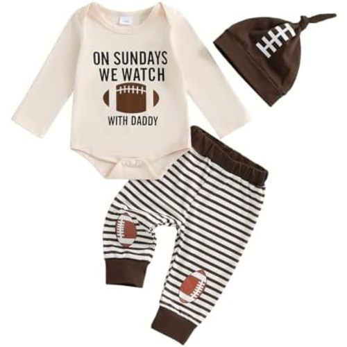 Karuedoo Newborn Baby Boy Football Outfit On Sundays We Watch Football with Daddy Romper Striped Pants Hat 3Pcs Outfits Set