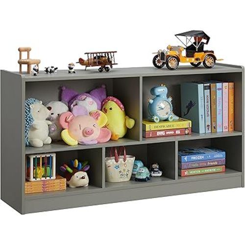 Kids Toy Storage Organizer, 5-Section Storage Cabinet for Organizing Books Toys, Wooden Bookshelf Daycare Furniture for School, Classroom Playroom, Nursery, Kindergarten (Gray)