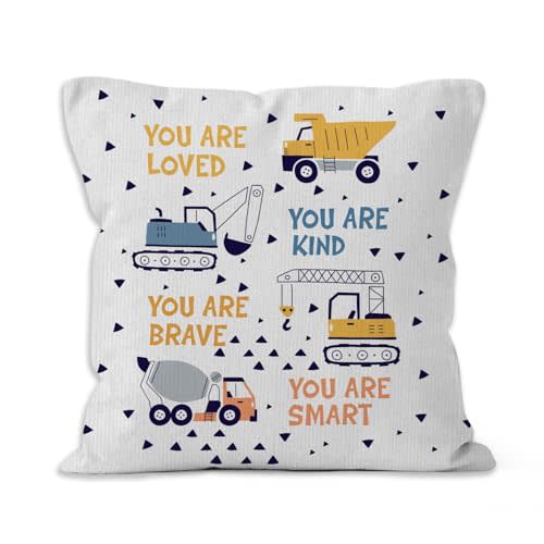 VRW Construction Vehicles Throw Pillow Covers, Inspirational Decorative Pillows Covers, Motivational Gifts for Boys Toddlers, Boys Kids Room Decor, You are Loved Nursery Decor Pillow Covers 18x18