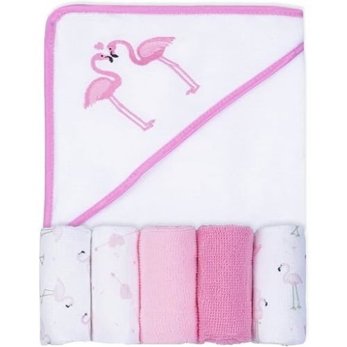 Viviland Baby Towels and Washcloths, Soft Absorbent Baby Girl Bath Towel Set, Flamingos Hooded Towels with 5 Infant Washcloths (6 Pieces)