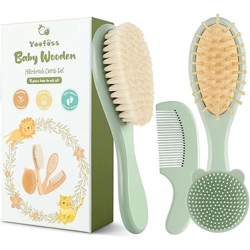 Yoofoss 4 Piece Baby Hair Brush and Comb Set,Wooden Baby Hair Brush with Natural Ultra Soft Goat Hair, Baby Comb Set for Boy, Girl - Green