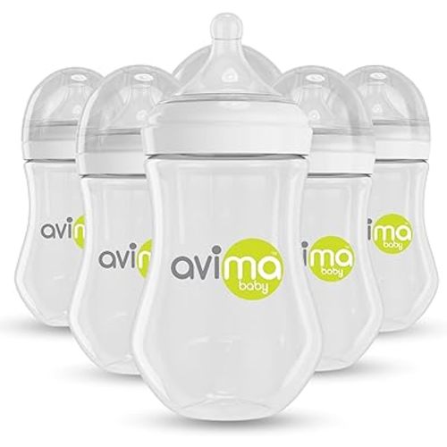 Avima Baby 9 oz Anti Colic Baby Bottles for Breastfed Babies - Medium Flow Nipples, Wide Neck Bottles, BPA Free - 3-6 Months, Stage 2 (Set of 6)