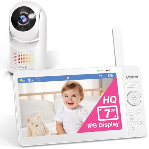 VTech Advanced HQ Max 7" Digital Video Baby Monitor with Pan Tilt Zoom, Long Battery Life 5000mAh, IPS Screen, Touch Control Multi-Color Night Light, 2-Way Talk, HQ Display, Lullabies, No WiFi, White