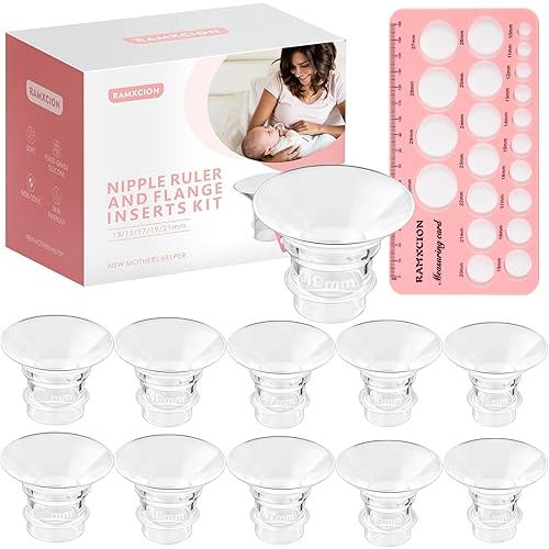 Nipple Ruler, 10PCS Flange Insert 13/15/17/19/21mm for 24mm Flange/Shield of Most Pumps, Silicone&Soft Flange Size Measure Flange Sizing Kit, Breast Flange Measuring Tool Breast Pump Sizing Tool