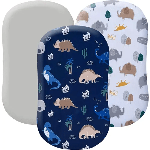 JAROSY Ultra Soft Baby Bassinet Sheets 3 Pack, Silky Skin-Friendly Cradle Sheets for Boys, 5'' Deep Pocket Fit Various Shaped Cradle and Bassinet Mattress, Dinosuars & Elephant & Grey