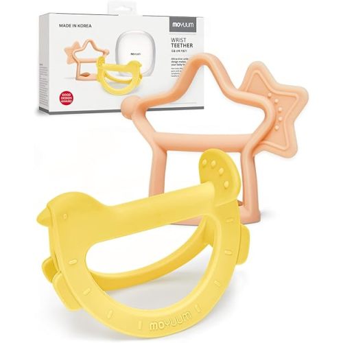 MOYUUM Wrist Teether Gift Set 100% Silicone Wearable Type Baby Chew Toy Baby Gift for Newborn, Roly Poly Toy Silicone Teething Toys for Infant and Toddler Bracelet Type (Bird Yellow, Star Coral Beige)