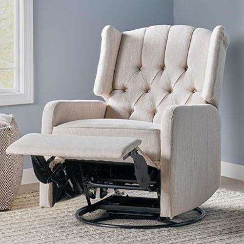 Linen Swivel Rocker Recliner Chairs, Upholstered Nursery Glider Recliner & Lazy Small Recliners for Small Spaces, Metal Base, Smoothable and Rotatable (Beige)