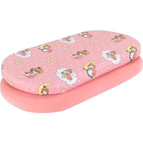 Bassinet Sheets 2-Pack 100% Cotton Jersey Knit, Precious Moments and Solid Pink Fitted Sheets for Baby Girl Bassinet, Compatible with Brands Bassinet Bedside Co-Sleeper Lounger Oval Rectangle Mattress