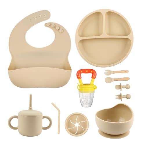 SHGMEET Silicone Baby Feeding Set, Baby Led Weaning Supplies - Bowl, Plates, Bib, Spoons, Dishwasher Safe (Beige)