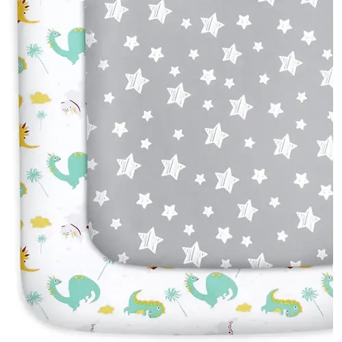 Pack and Play Sheets, 2 Pack Mini Crib Sheets, Stretchy Playard Fitted Sheet, Compatible with Graco Pack n Play, Soft and Breathable Material, Dinosaur and Grey Star