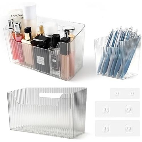 "Set of 3 Shower Caddy & Cabinet Door Organizer - Wall Mounted Shower Shelves with Adhesive, Stackable Plastic Shower Organizer, Clear Bathroom Organizers for Kitchen, Pantry (BPA Free, Large)"