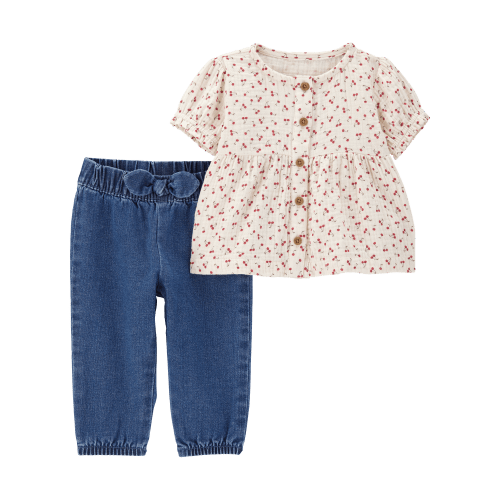 Baby 2-Piece Floral Button-Front Top & Pull-On Denim Pant Set - Carter's | Carter's