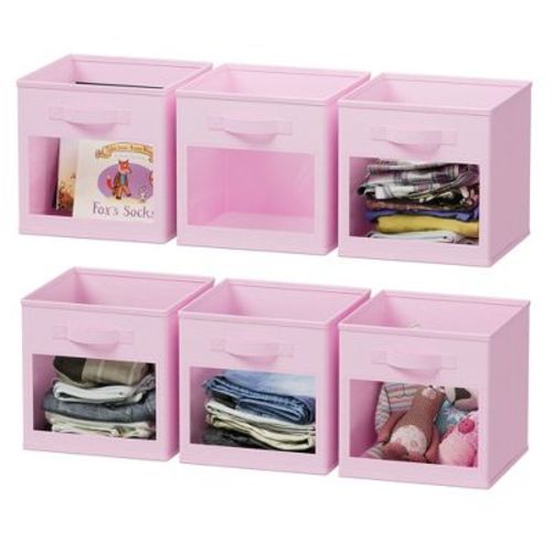 Storage Cubes with Clear Windows, Set of 6 Fabric 11-Inch Foldable Baskets Boxes for Closet, Cubby Shelf, or Cube Storage Organizer,Pink