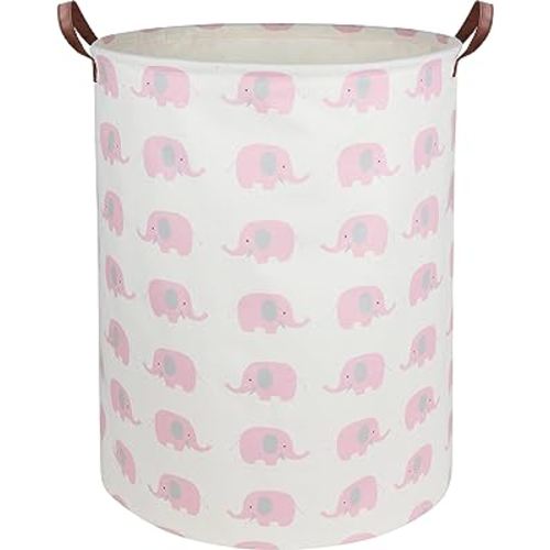Baby Laundry Basket Pink Elephant Baby Hamper Collapsible Kids Toy Storage Bin Organizer with Handles for Girls,Nursery Decor(Pink Elephant)