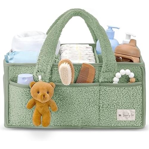 Sweety Fox Baby Diaper Caddy Organizer with Handle - Portable Sherpa Nursery Basket - Car Diaper Organizer, Cleaning Caddy, Gift for Baby Shower - Green