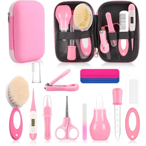 Baby Healthcare and Grooming Kit, Baby Safety Set Newborn Nursery Health Care Set with Hair Brush Scale Measuring Spoon Nail Clippers (Pink 17 in 1)